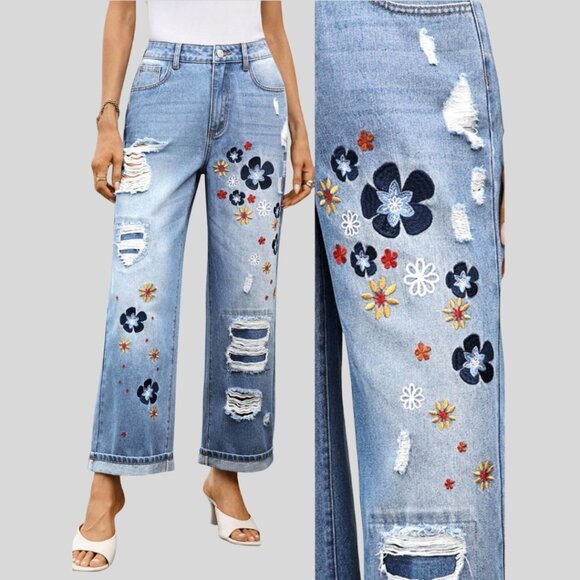 Distressed Embroidered High Waist Denim Ankle Jeans Blue - Picture 1 of 4
